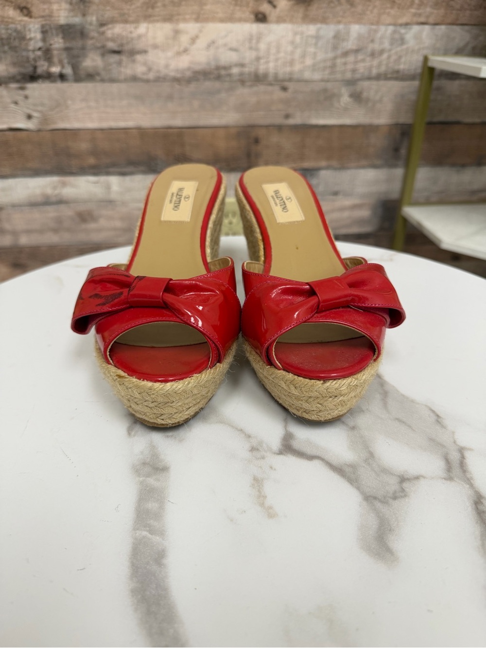 Valentino Red Patent Bow Espadrille Wedge Sandal with bow
